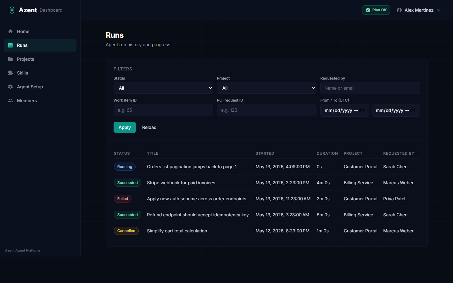 Runs list page