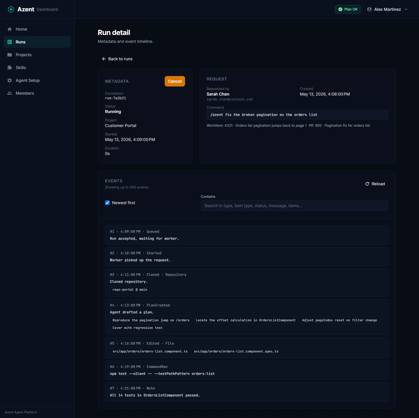 Run detail page