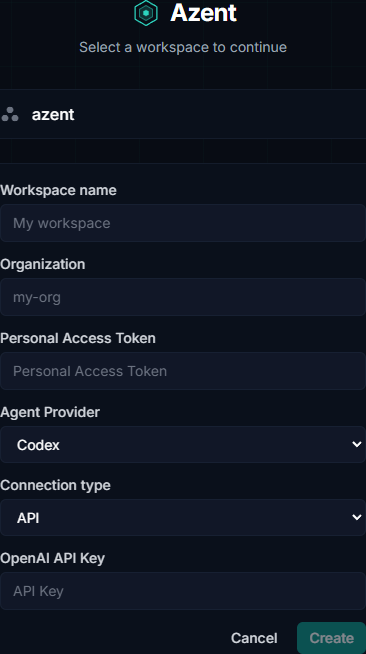 Create workspace form on the Azent Dashboard