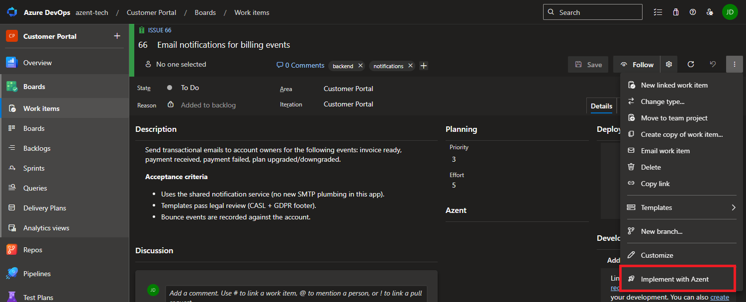 Implement with Azent button on the work item toolbar