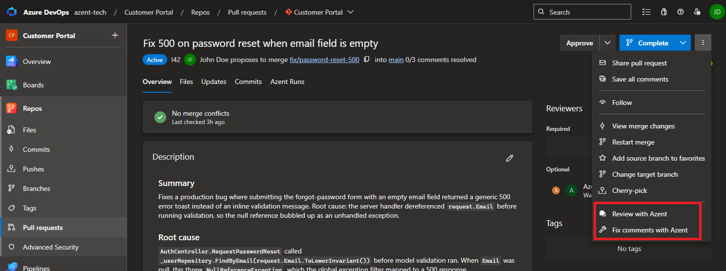 Review with Azent and Fix comments with Azent in the pull request action menu