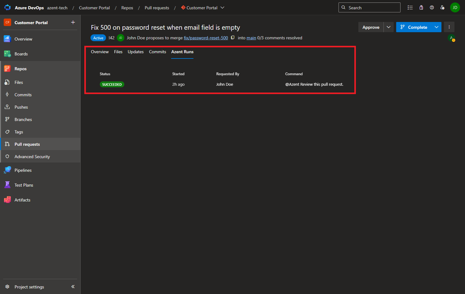 Azent Runs tab on a pull request, listing the run history