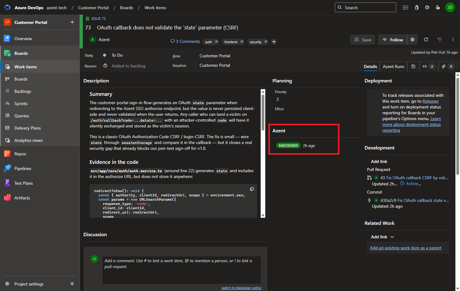 Azent status panel embedded in the work item form
