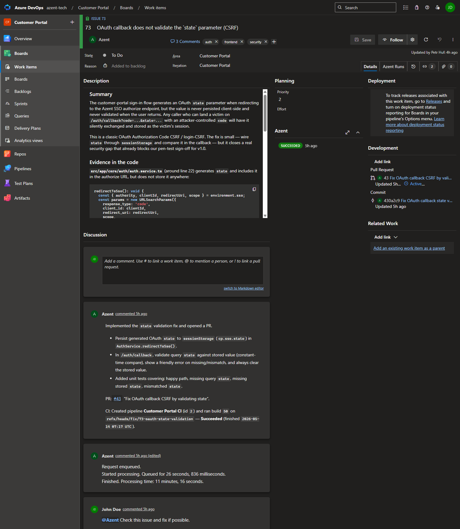 Full work item view showing the @Azent mention, the status comment, and the final response comment