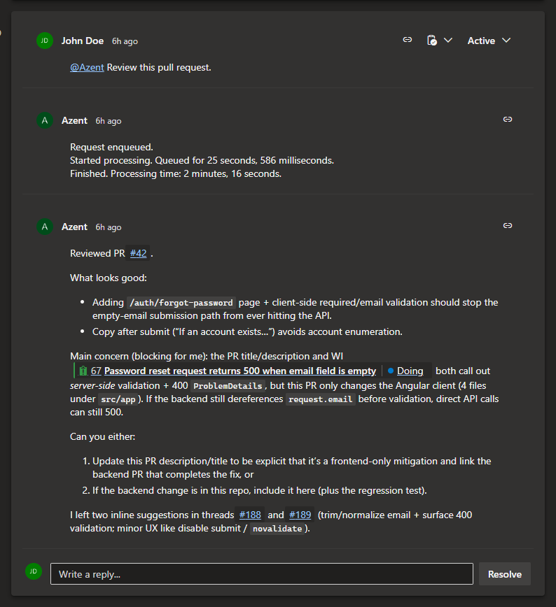 Invocation thread on a pull request: the reviewer's @Azent comment, the agent's status update, and its summary reply
