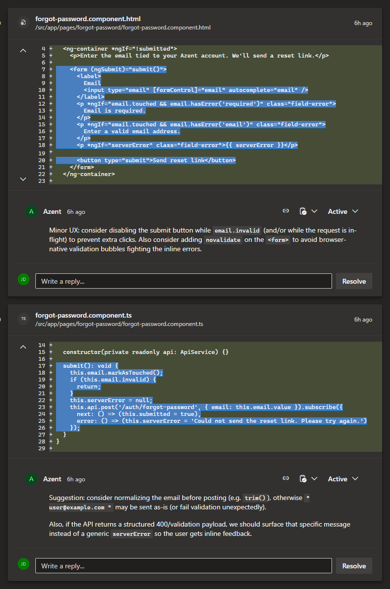 Two inline review comments left by Azent: one on a TypeScript component, one on its template