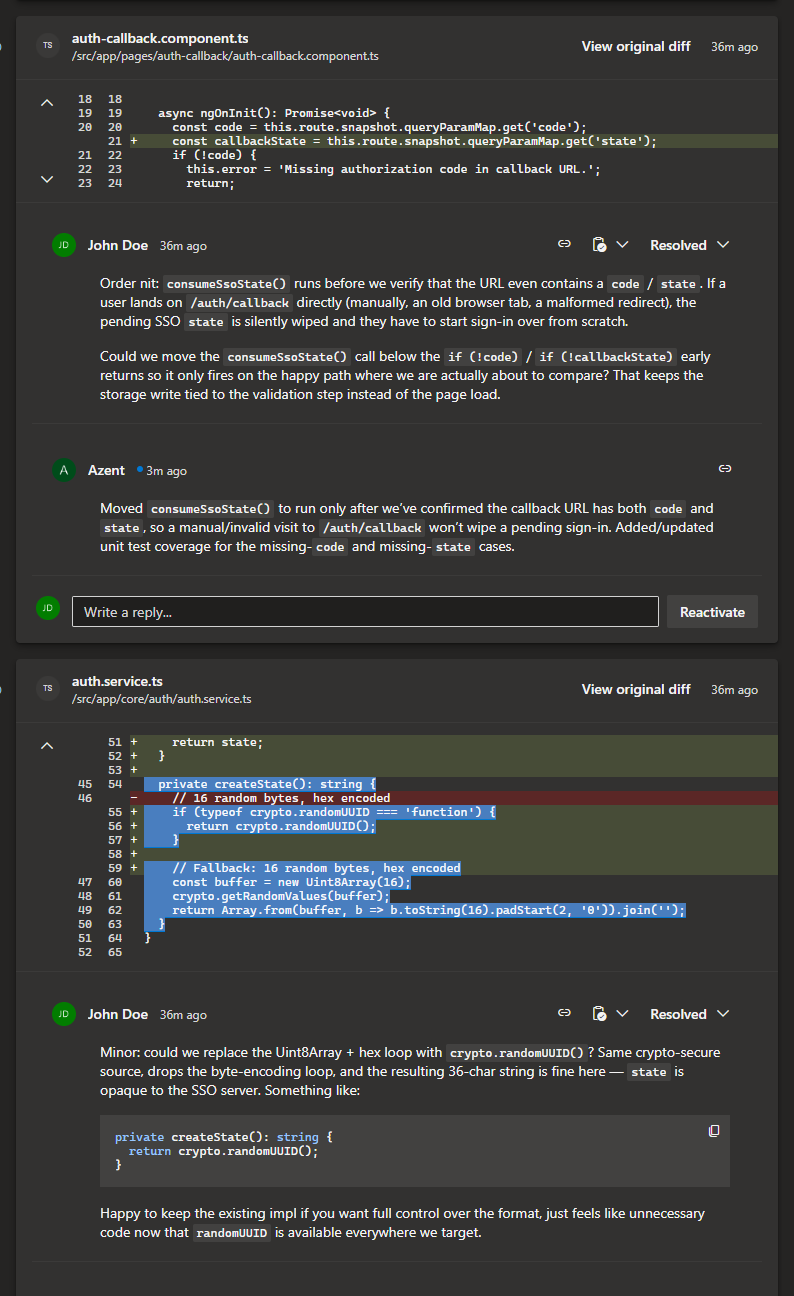 Two inline review comments left by a reviewer on a pull request, each anchored to specific lines of code.