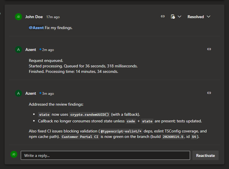 @Azent "Fix my findings" trigger comment on a PR, followed by the agent's status comment and a summary of what it changed.
