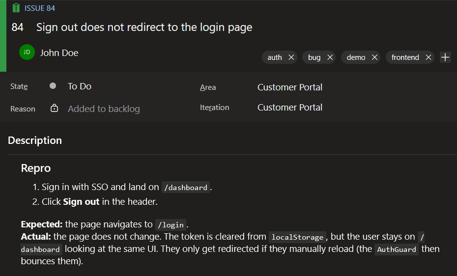 An Azure DevOps work item describing a bug to fix