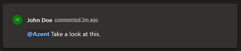 An Azure DevOps comment that mentions @Azent