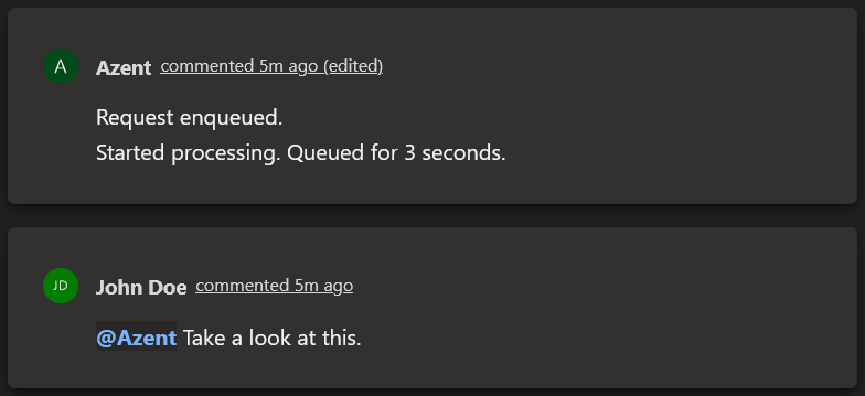 Azent acknowledges the request and starts processing in the same thread