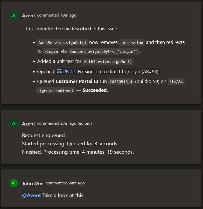 Azent posts a summary of the changes with a link to the pull request