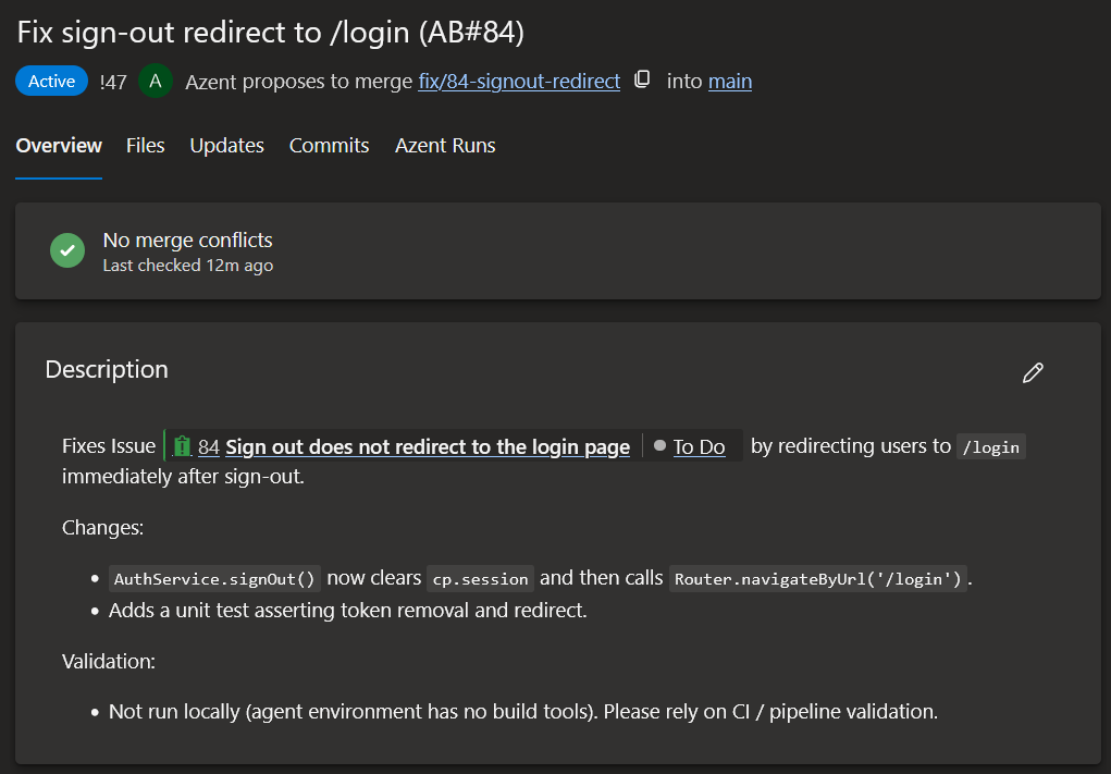 The pull request created by Azent, linked back to the originating work item