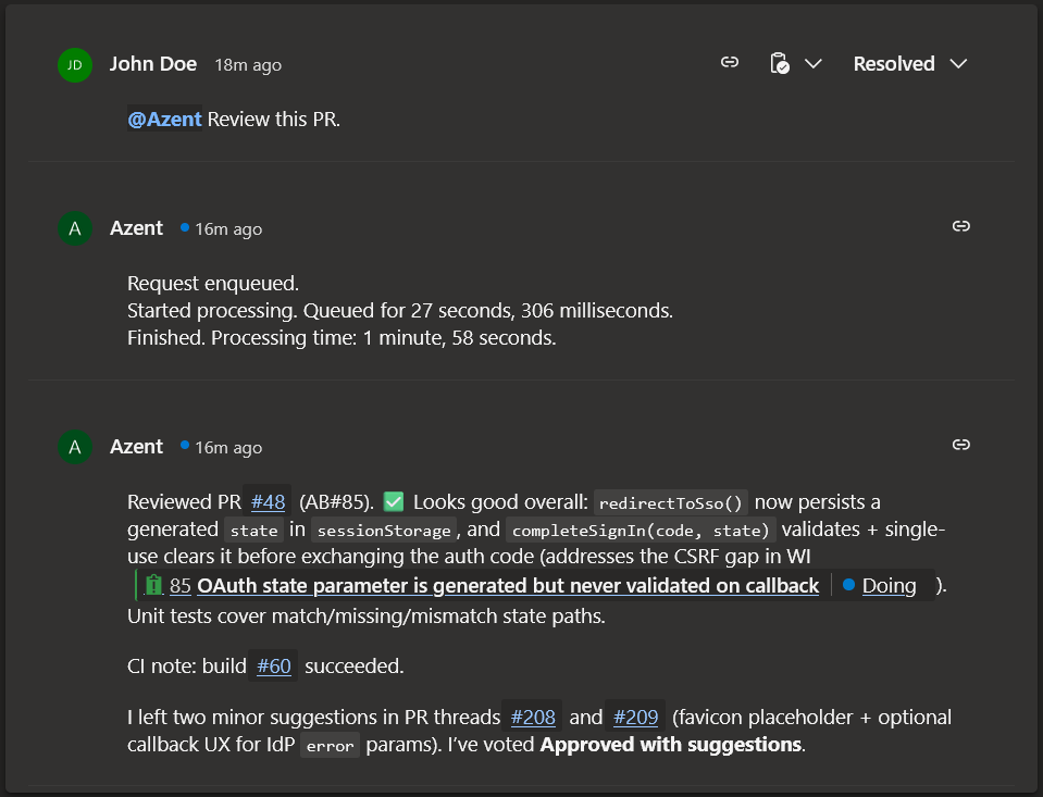 Azure DevOps pull request comment with an @Azent mention