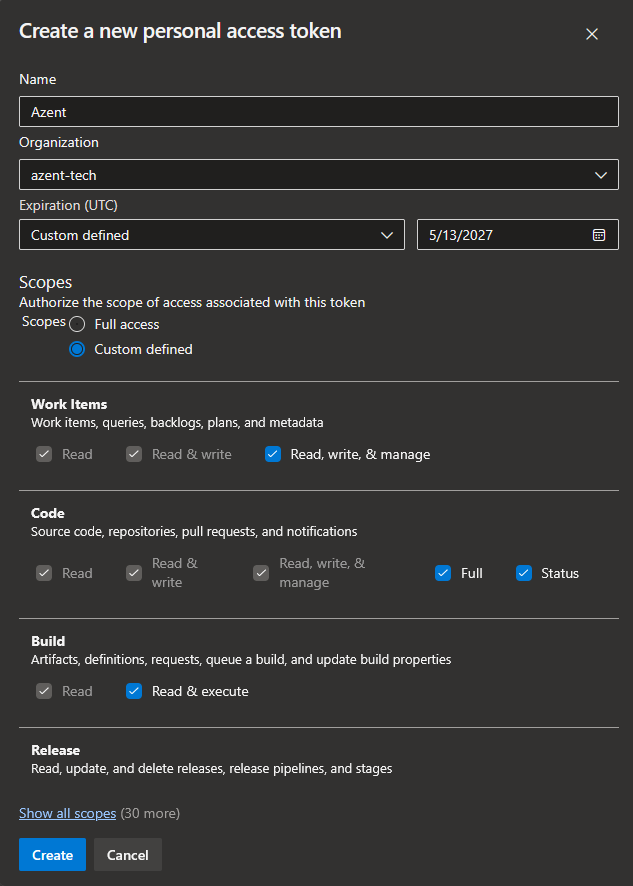 Azure DevOps Create a new personal access token dialog